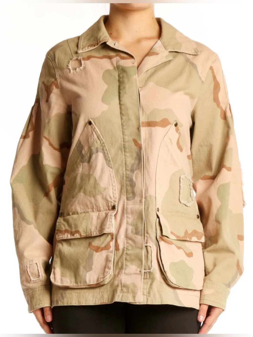 Anthropologie Beige and Pink Camo Utility Denim Jacket - Size M